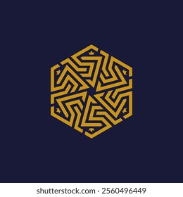 The image shows a hexagonal geometric pattern in gold on a dark blue background, featuring intricate, symmetrical, maze-like designs that create a visually appealing and complex motif.