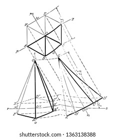The image shows a hexagonal prism from different angles whose axis is parallel to the plane of the paper and whose base makes an angle of 30  with the horizontal, vintage line drawing or engraving