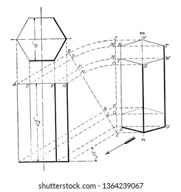 The image shows a hexagonal prism from different angles with two of its parallel sides parallel to the plane of the paper, and its vertical axis, vintage line drawing or engraving illustration.