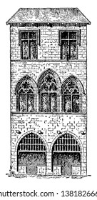 The image shows the house which is present at Sarlat, Sarlat-la-Caneda is a medieval town in southwest France's Dordogne department, vintage line drawing or engraving illustration.