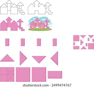 La Imagen muestra cómo construir un castillo usando tangramas. Hay contornos de un castillo con flechas que apuntan a donde van las Formas, una Imagen del castillo terminada y las Formas tangram individuales. 