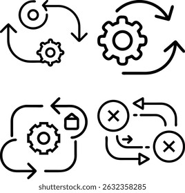 the image shows illustrations of circular arrows with gears circles house and cross symbols on a white background depicting flow and interaction