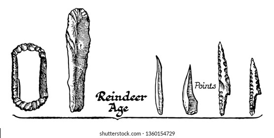 The image shows the implements of reindeer stone. The stone has edges and sharp points. It is an ancient tool used by people inherited for hunting, vintage line drawing or engraving illustration.