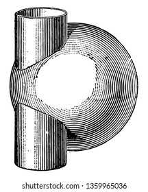 Das Bild zeigt den Schnittpunkt des Zylinders und der Kugel. In der Kugel ist ein fester Zylinder. Schnittpunkt des Zylinders von der Tangente zur Kugel, Zeichnung der Vintage-Linie oder Gravur