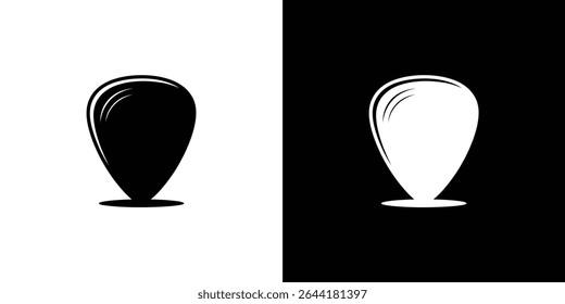 Image shows inverted black and white GPS location pin icons on a split background. The icons are simple, with curved lines, minimalist, clean and symmetrical.