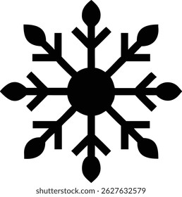 La Imagen muestra un copo de nieve negro aislado. El símbolo del copo de nieve utiliza patrones geométricos. El fondo es un fondo blanco liso. La Imagen transmite un tema festivo de invierno.
