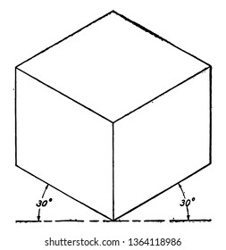 The image shows the isometric of a cube. One of the vertices is touched in the base angle is made of 30o from the side, vintage line drawing or engraving illustration.