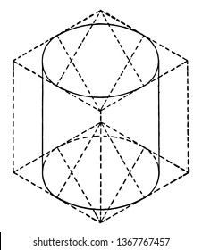 The image shows the isometric of a cylinder. There is a process of removing the cylinder from the isometric box and it is a three-dimensional view of the cylinder, vintage line drawing or engraving