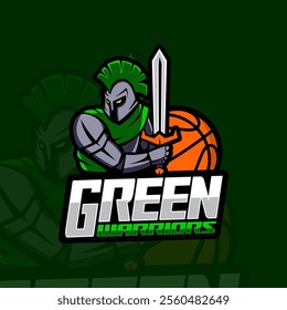 The image shows a knight in green armor holding a sword and a basketball with the text "GREEN WARRIORS" below.