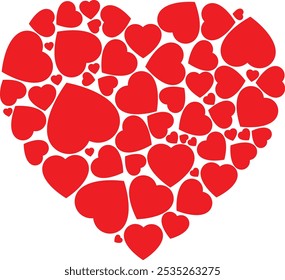 The image shows a large heart shape formed by many smaller red hearts of various sizes, creating a mosaic-like pattern.