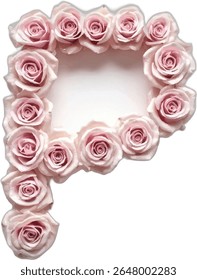 The image shows the letter "P" artistically created using multiple light pink roses arranged to form the letter's shape against a white background.