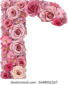 A imagem mostra uma letra "R" formada por um arranjo exuberante de rosas cor-de-rosa e flores rosas menores, criando um design floral romântico e elegante sobre um fundo branco.