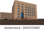 The image shows a light brown, multi-story building with blue windows and a large arched blue entrance. Arabic text is visible above the entrance. It appears to be an institutional building, possibly 