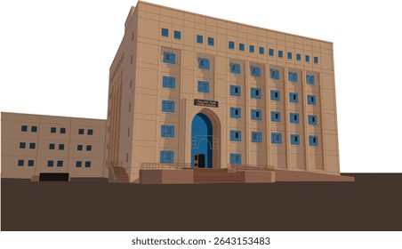 The image shows a light brown, multi-story building with blue windows and a large arched blue entrance. Arabic text is visible above the entrance. It appears to be an institutional building, possibly 