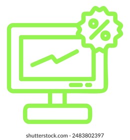 The image shows a line graph on a computer monitor with a percentage sign in a star shape on top of the monitor.