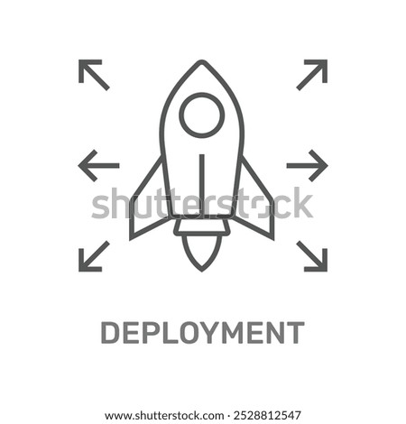 The image shows a line-art rocket surrounded by arrows pointing outward, symbolizing the concept of deployment, likely in a software or technology context, representing launch or distribution.