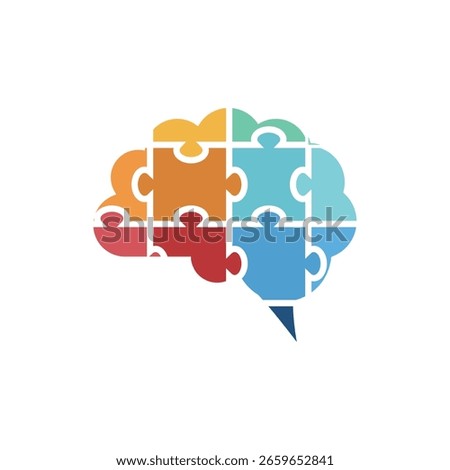 The image shows a logo design of a brain comprises of jigsaw puzzle pieces in various color in simple flat style that looks clean on a white background