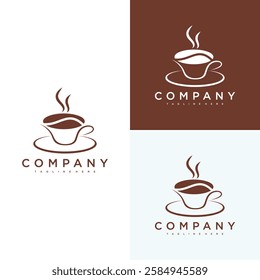 The image shows a logo design for a company, featuring a stylized coffee cup with steam rising from it. This logo effectively conveys a sense of warmth and comfort, making it suitable for a coffee sho