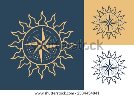 The image shows a logo design of a compass rose with sun in gold color that looks clean and sharp on a blue background