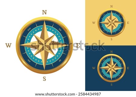 The image shows a logo design of a compass rose in blue and gold color that looks clean and sharp on a white background