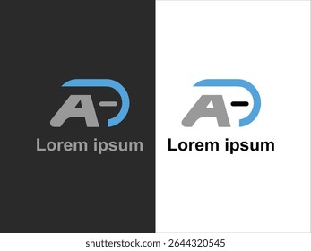A figura mostra o design de um logotipo com uma letra estilizada A A letra A é cinza e parcialmente sobreposta por uma linha azul clara curva O logotipo é apresentado em ambos os fundos preto e branco 