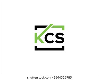 The image shows a logo design featuring the letters KCS The letters are stylized within a black square frame A diagonal green element intersects the K and C letters 