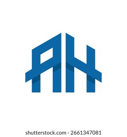 Das Bild zeigt ein Logo-Design eines Anfangsbuchstabens AH in Hausform in blauer Farbe im einfachen flachen Stil. Es sieht sauber und modern auf weißem Hintergrund aus.
