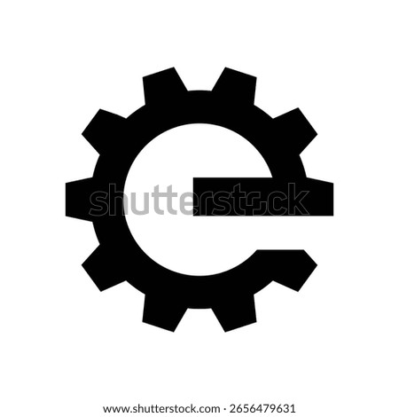 The image shows a logo design of a lowercase letter e in round gear shape in black color in simple flat style that looks clean and modern on a white background