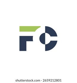 Das Bild zeigt ein Logo-Design eines Monogramms mit Anfangsbuchstaben FC in dunkelgrauer und grüner Farbe in einfachem flachen Stil, der sauber und modern auf weißem Hintergrund aussieht