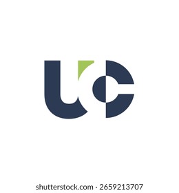 A imagem mostra um design de logotipo de um monograma com letras iniciais UC em cinza escuro e cor verde em estilo plano simples que parece limpo e moderno em um fundo branco