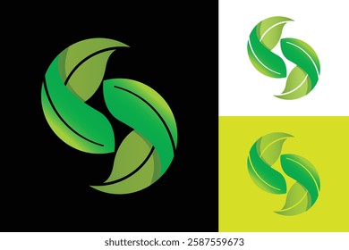 The image shows a logo design of a pair of leaves forming a letter S in yin-yang style in green color that looks clean and fresh on a white background