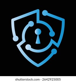 The image shows a logo design of a shied made of node transistor lines with a keyhole at the center in blue white gradient that looks clean on a black background for cyber security company. 

