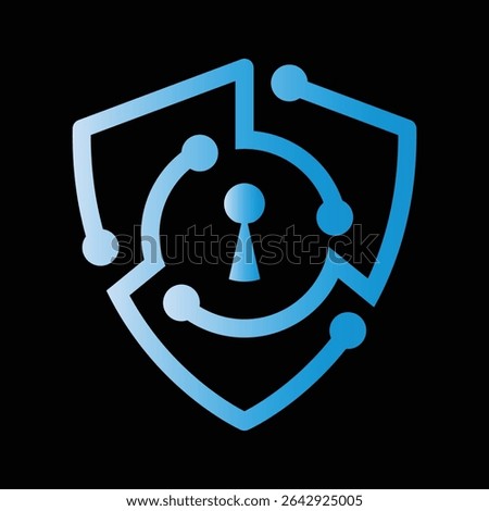 The image shows a logo design of a shied made of node transistor lines with a keyhole at the center in blue white gradient that looks clean on a black background for cyber security company. 

