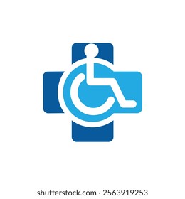 The image shows a logo design that depicts a health cross symbol in blue with a wheelchair icon on it that looks clean and sharp on a white background