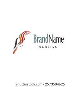 The image shows a logo design that features a stylized bird on the left side, composed of abstract shapes in shades of red, orange, and gray. To the right of the bird, the text "BrandName" is written 