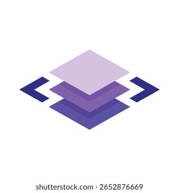 The image shows a logo design of three stacked square shapes in purple color between two comparison operators for coding related purposes 