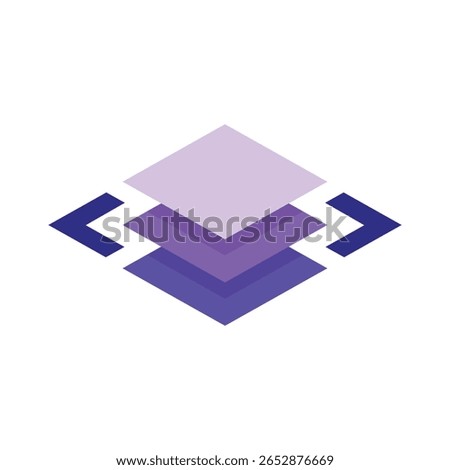 The image shows a logo design of three stacked square shapes in purple color between two comparison operators for coding related purposes 