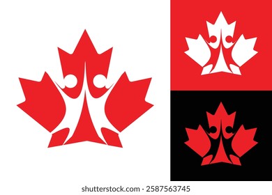 The image shows a logo design of a two abstract people on a Canadian maple leaf in red and white color that looks clean and fresh on a white background