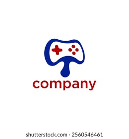 The image shows a logo featuring a blue and red game controller icon