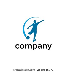 The image shows a logo featuring a silhouette of a soccer player kicking a ball with a curved line above