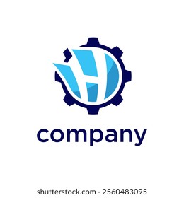 The image shows a logo featuring a stylized blue and white "H" within a gear shape