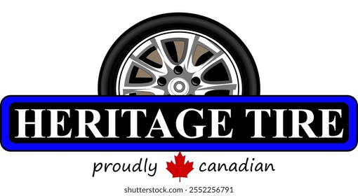 The image shows a logo for "HERITAGE TIRE" with a tire graphic above the text. Below the logo, it says proudly Canadian with a red maple leaf in between the words. The logo is framed by a blue border.