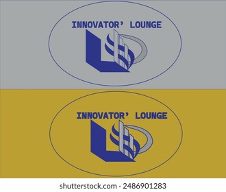 The image shows a logo for "INNOVATOR' LOUNGE." It features a stylized design consisting of geometric shapes and lines. The logo is presented twice, once on a light gray background and once on a gold 