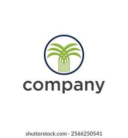 The image shows a logo with a stylized green palm tree within a blue circle