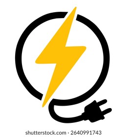 The image shows a logo-style illustration featuring a black electrical plug and cord forming a circular shape