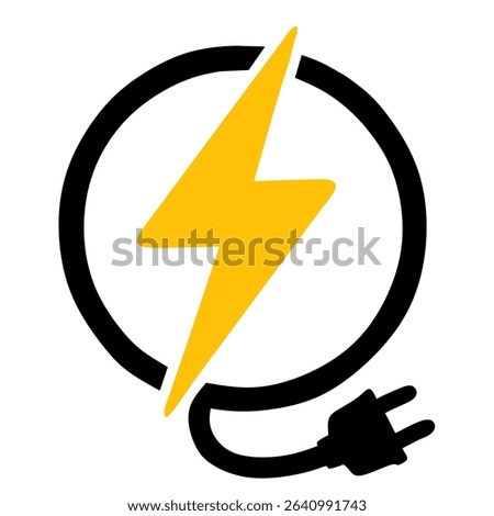 The image shows a logo-style illustration featuring a black electrical plug and cord forming a circular shape