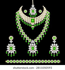 The image shows a luxurious jewelry set in classic style. It consists of an elaborate necklace, a pair of long drop earrings and a bracelet.