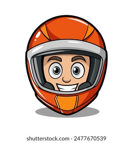 The image shows a man in a motorcycle helmet, depicted in a cartoon style