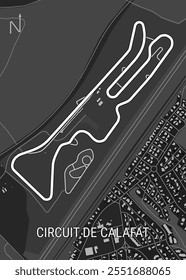 La Imagen muestra un mapa de una pista de carreras, Circuit de Calafat, delineado en blanco contra un fondo gris. La pista se encuentra en una zona suburbana, con casas y carreteras visibles a su alrededor.