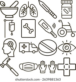 Image shows medical and healthcare symbols like lungs, mortar, pestle, pills, medicine bottle, thermometer, ambulance, wheelchair, eye and cross in an outlined illustration.